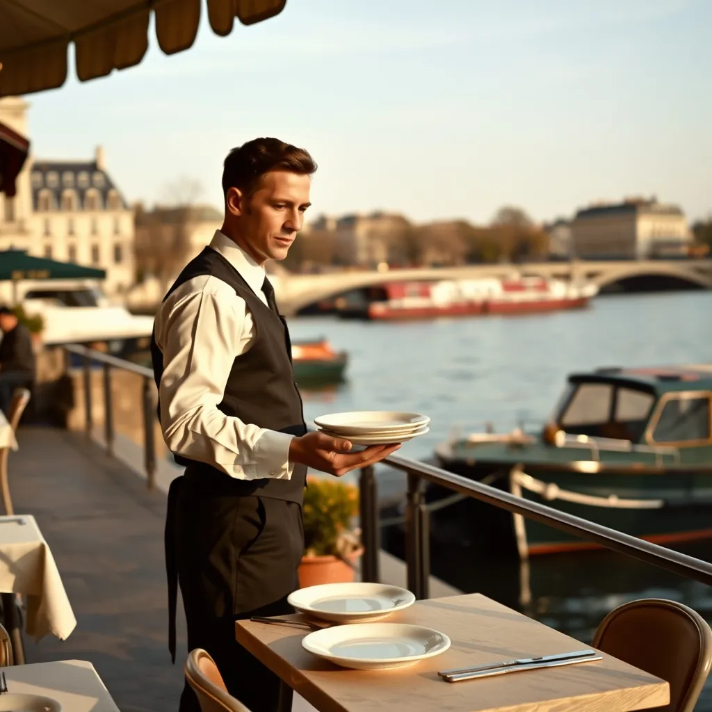 Service en terrasse sur un quai de la rive gauche, avec les péniches amarrées en contrebas