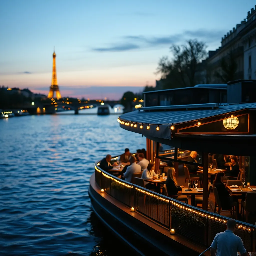 Péniche-restaurant illuminée sur la Seine, avec les convives installés sur le pont supérieur