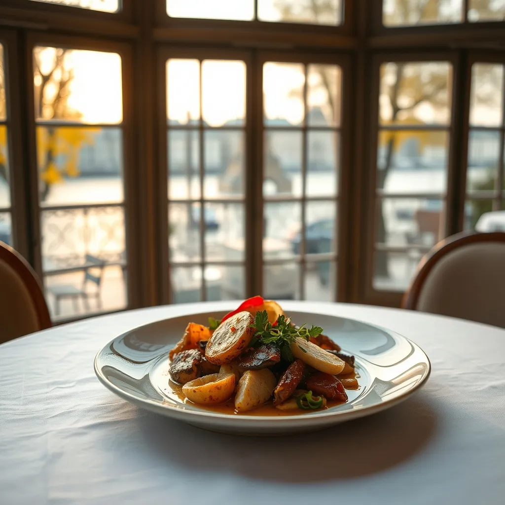 Assiette gastronomique servie face à la Seine, vue à travers les baies vitrées d'un restaurant en automne