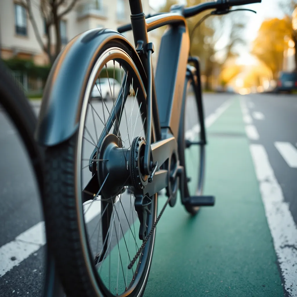Détail du moteur et de la batterie d'un VAE sur une piste cyclable sécurisée