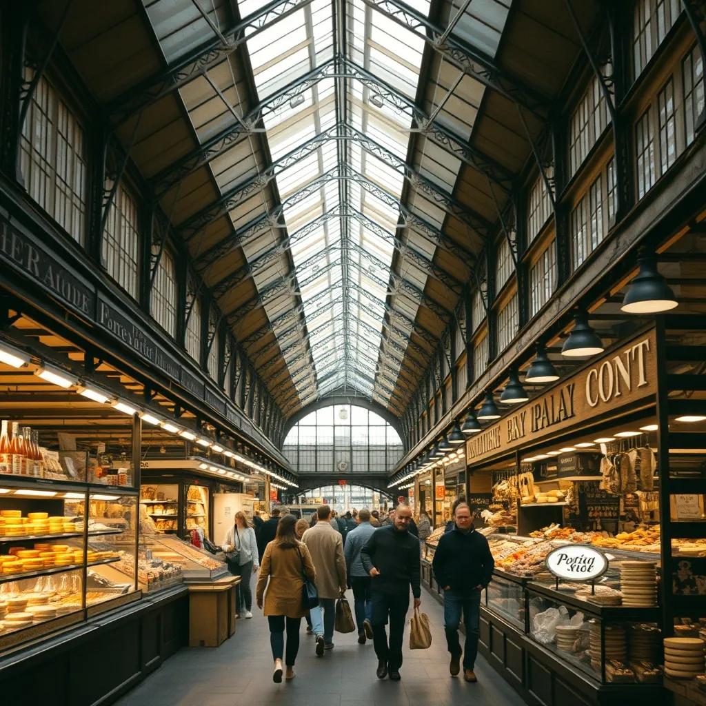 Intérieur d'une halle de marché couverte en banlieue parisienne