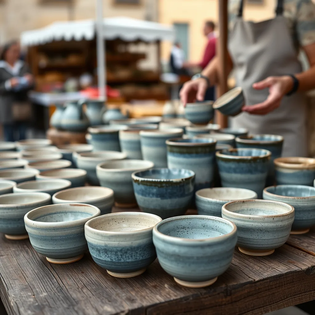 Bols et mugs en grès émaillé sur un étal de céramiste au marché