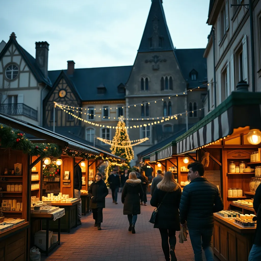 Marché de Noël artisanal avec ses chalets en bois illuminés au crépuscule