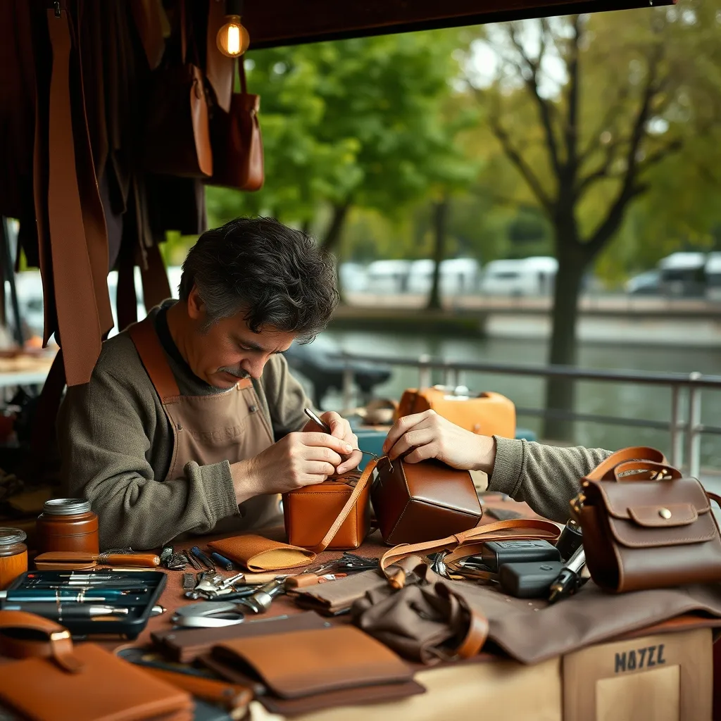 Artisan maroquinier cousant un sac à la main sur son stand en bord de Seine