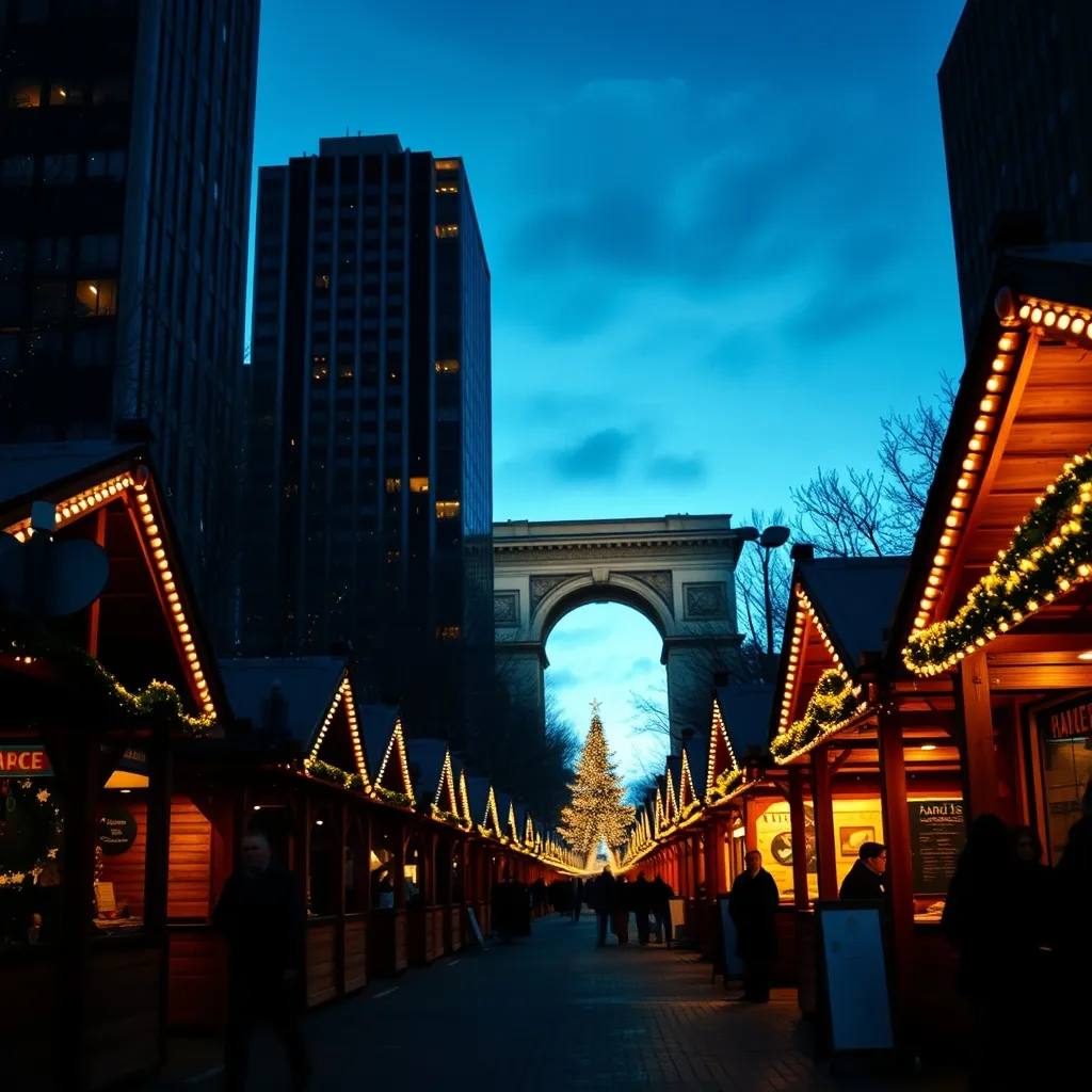 Le marché de Noël de Paris La Défense sous la Grande Arche au crépuscule