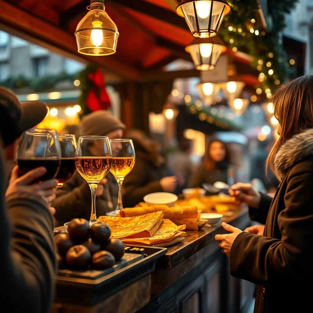 Vin chaud, crêpes et raclette sur un stand de marché de Noël en Île-de-France