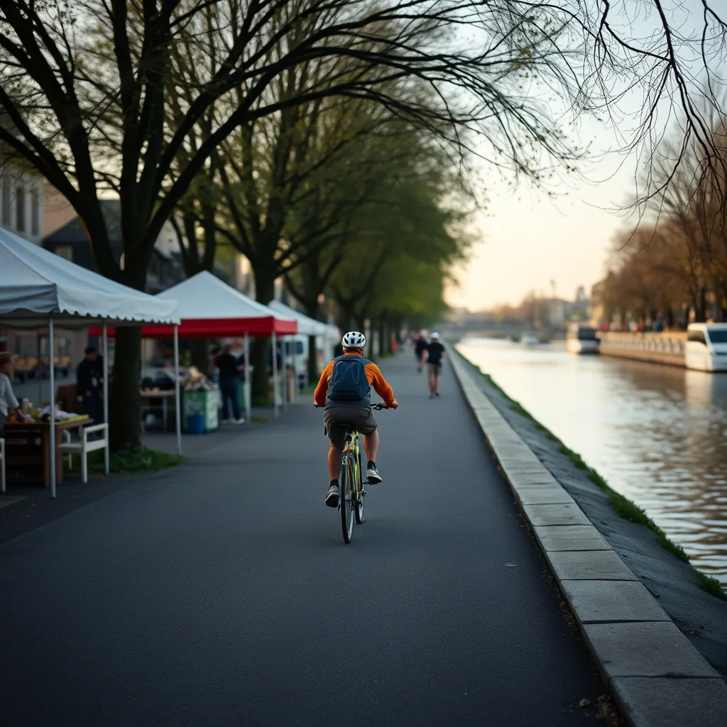 Accès au marché par la piste cyclable des quais de Seine à Clichy