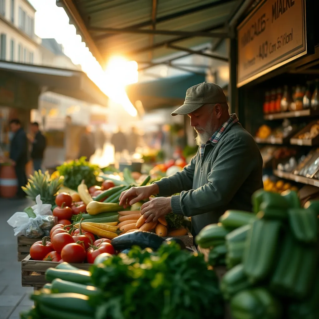 Un maraîcher dispose ses légumes de saison sur un étal parisien tôt le matin