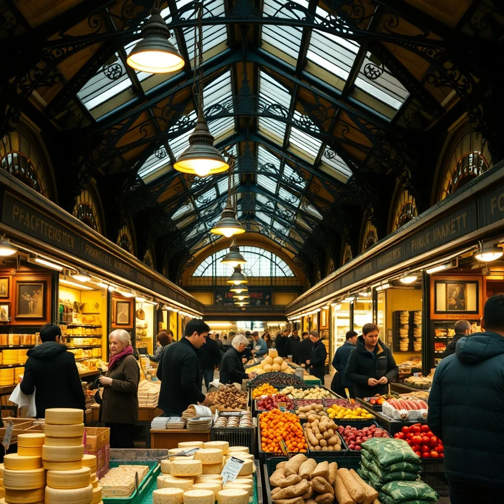 Intérieur d'un marché couvert parisien avec ses étals de fromages et charcuterie