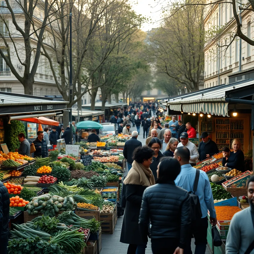 Marché de plein air dans les Hauts-de-Seine, sous les platanes de la place du marché