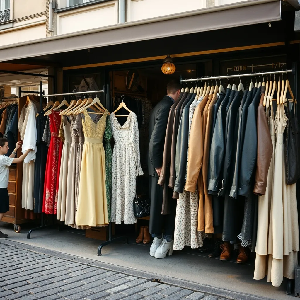 Stand de vêtements vintage aux Puces de Saint-Ouen