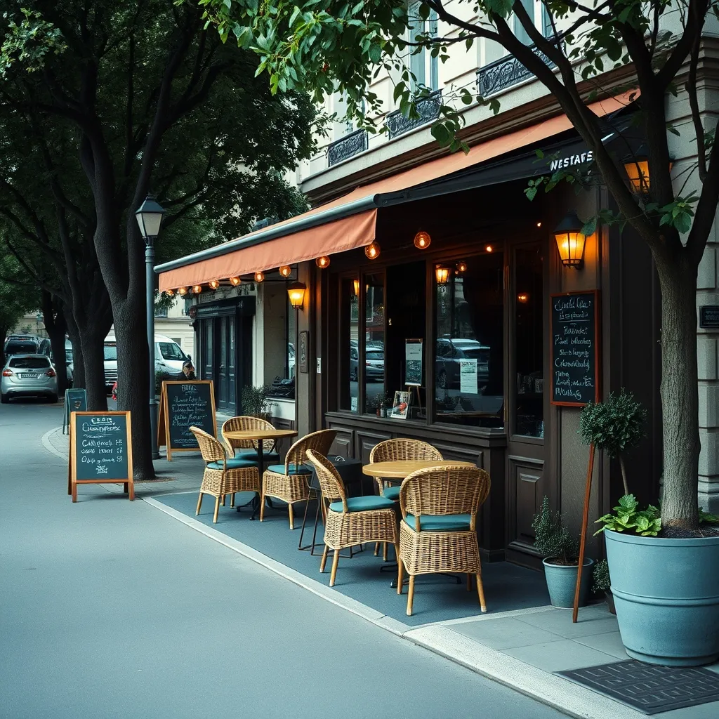 Terrasse d'un bistrot de quartier dans les Hauts-de-Seine au printemps