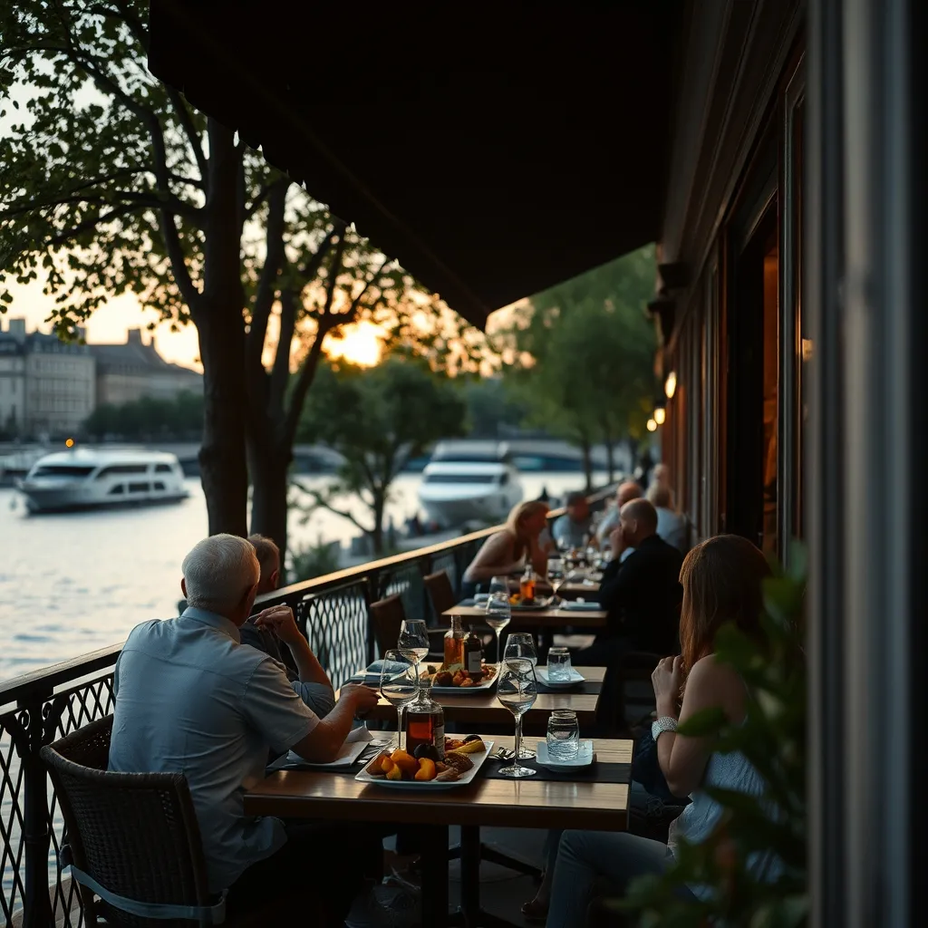Restaurant en terrasse sur les berges de Seine dans le 92 au coucher du soleil