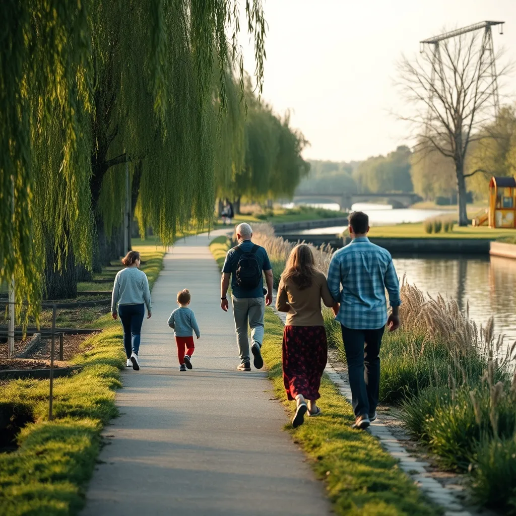 Promenade familiale sur les allées aménagées du parc des Berges à Courbevoie
