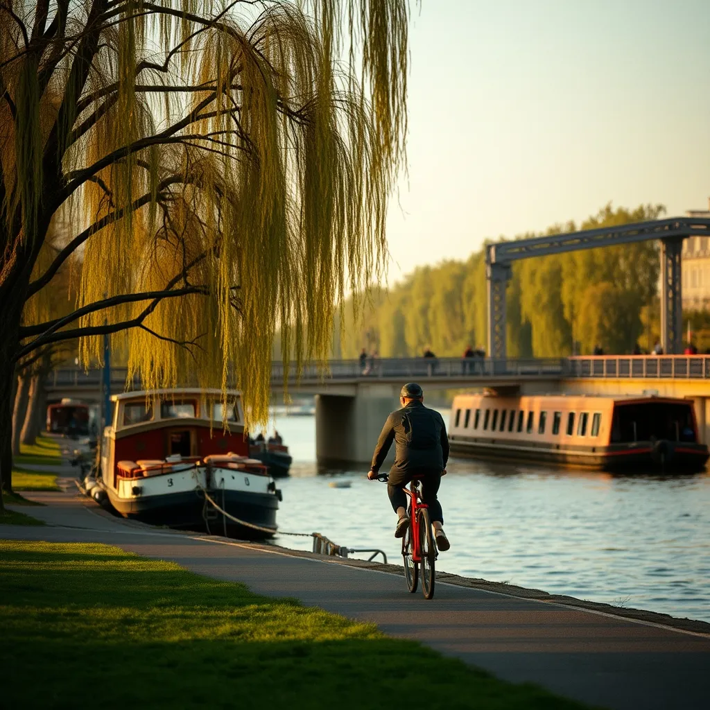 Piste cyclable le long des berges d'Argenteuil avec péniches amarrées