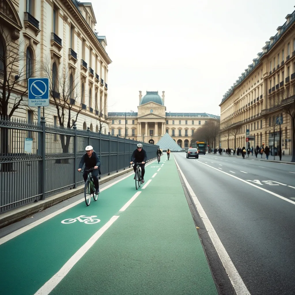 La piste bidirectionnelle de la rue de Rivoli devant le Louvre