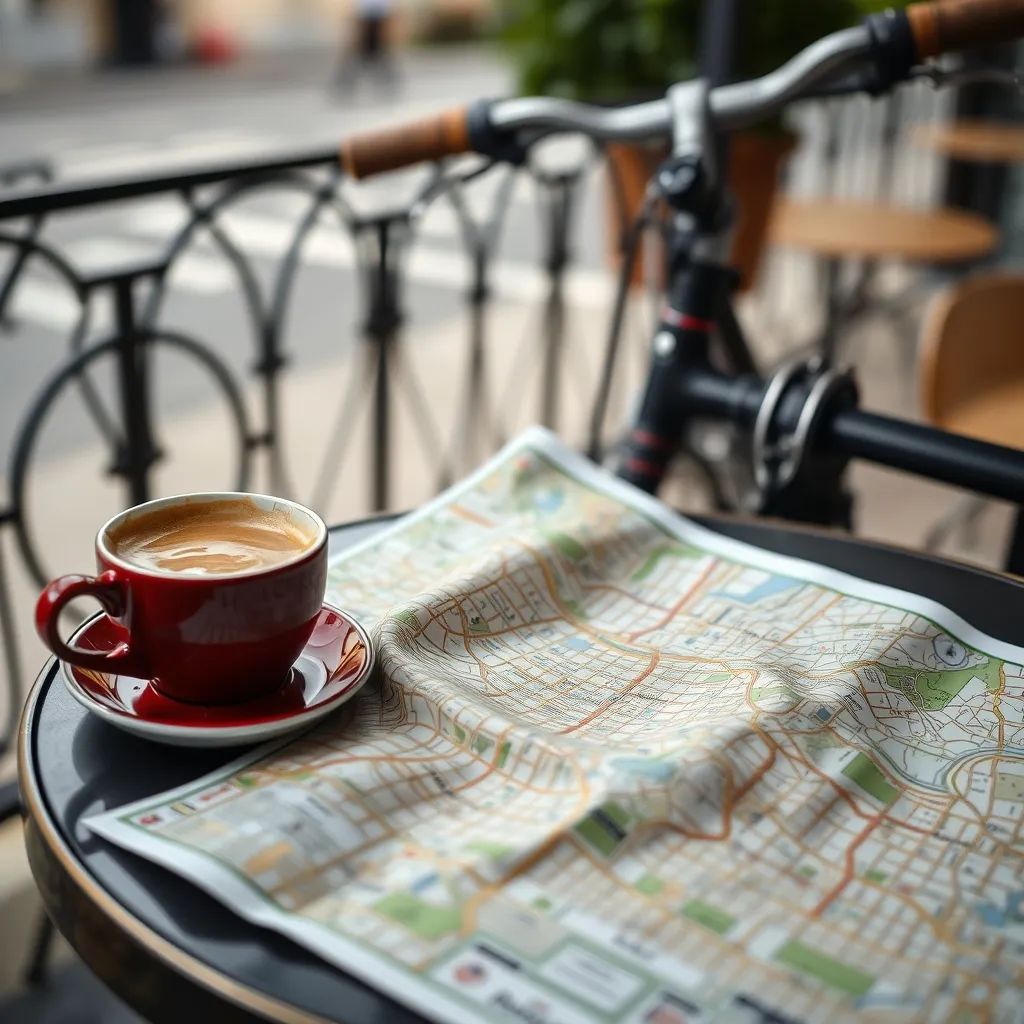 Plan des pistes cyclables consulté en terrasse avant une balade parisienne