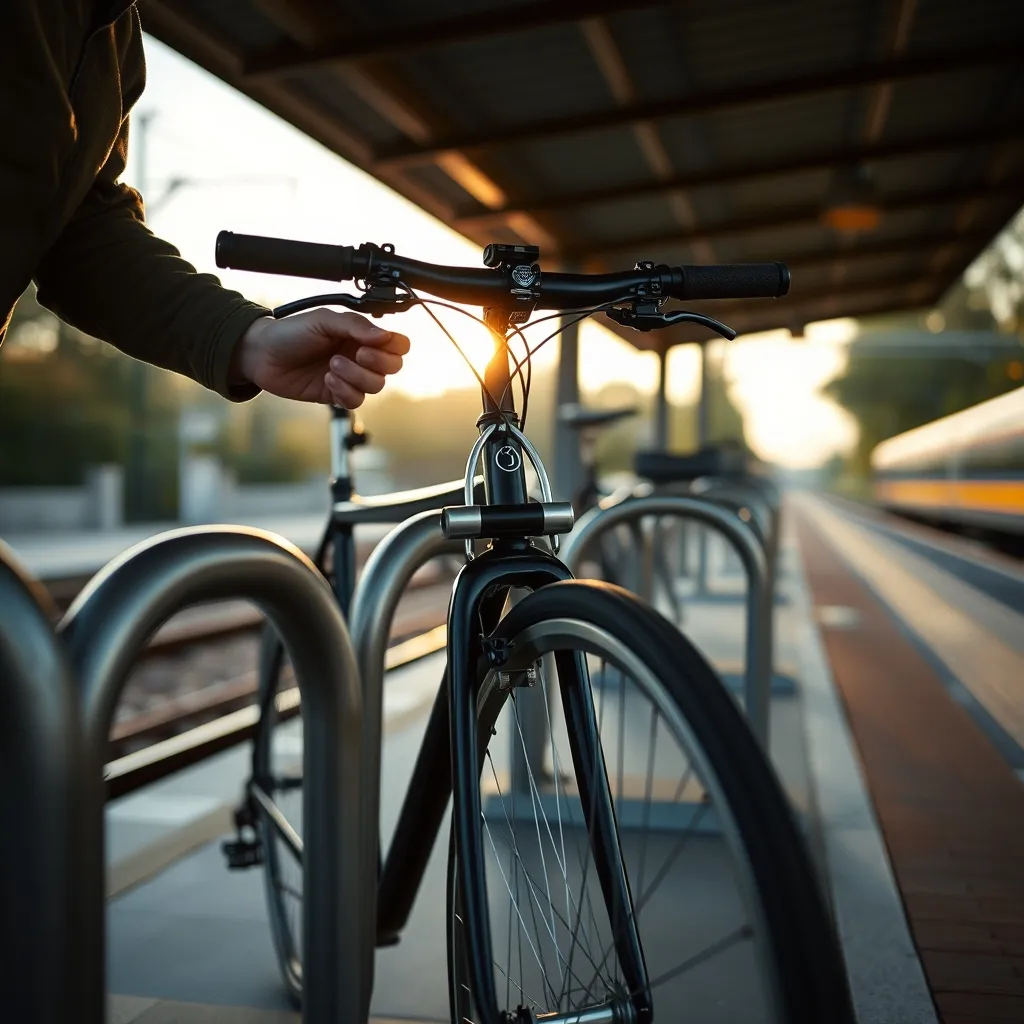 Un cycliste attache son vélo à l'arceau du parking sécurisé avant de prendre le train