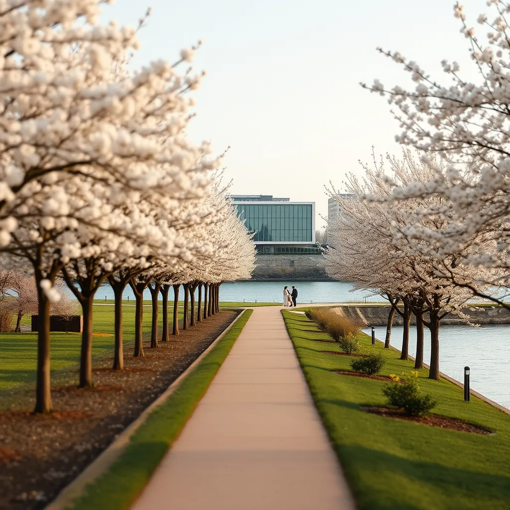 Allée bordée de cerisiers dans le parc du Campus des Berges de Seine au printemps