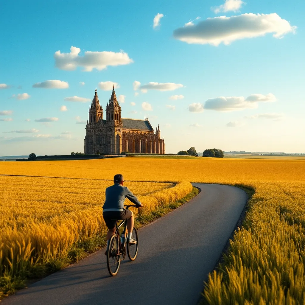 La cathédrale de Chartres apparaît à l'horizon au-dessus des champs de la Beauce