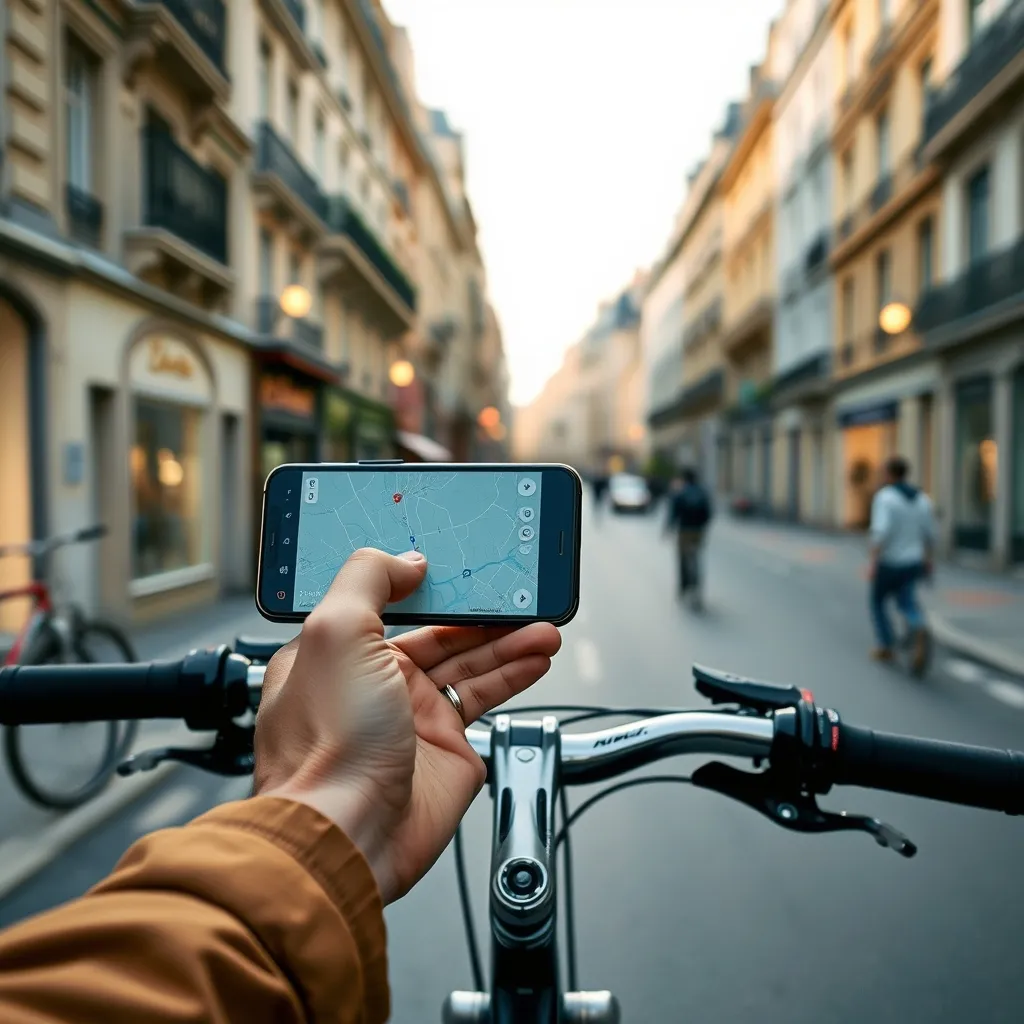 Consultation d'une application de pistes cyclables sur un téléphone fixé au guidon