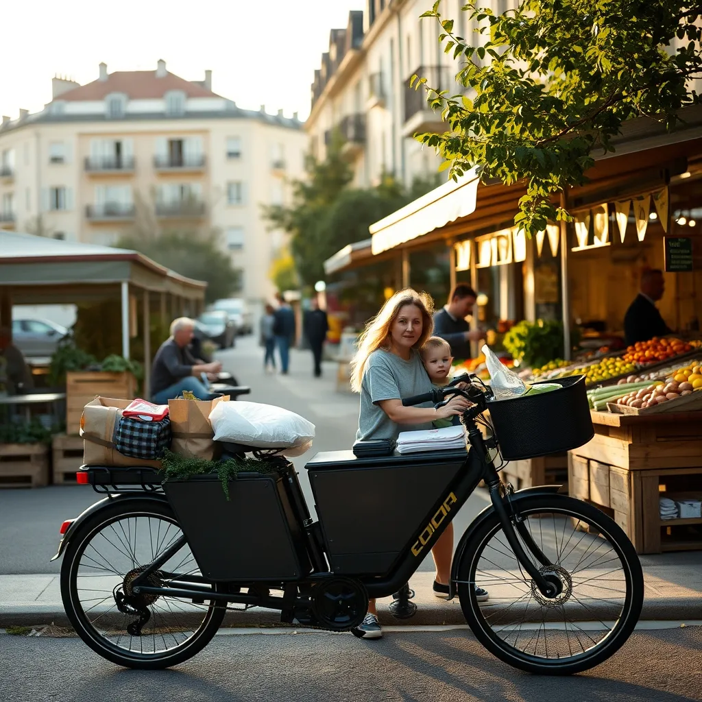Vélo cargo électrique en pause devant le marché dominical de Gennevilliers