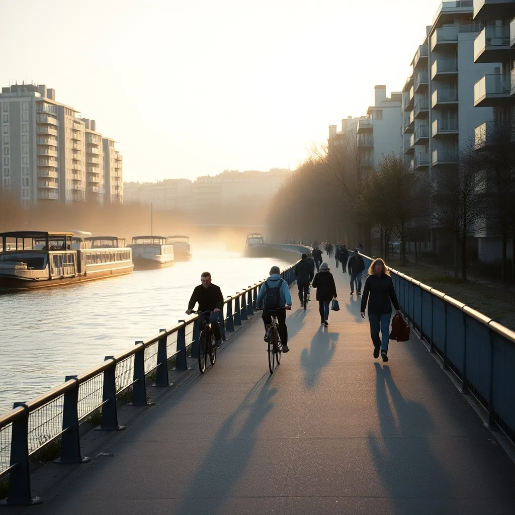 Voie partagée piétons-vélos sur les quais de Seine, un matin de semaine