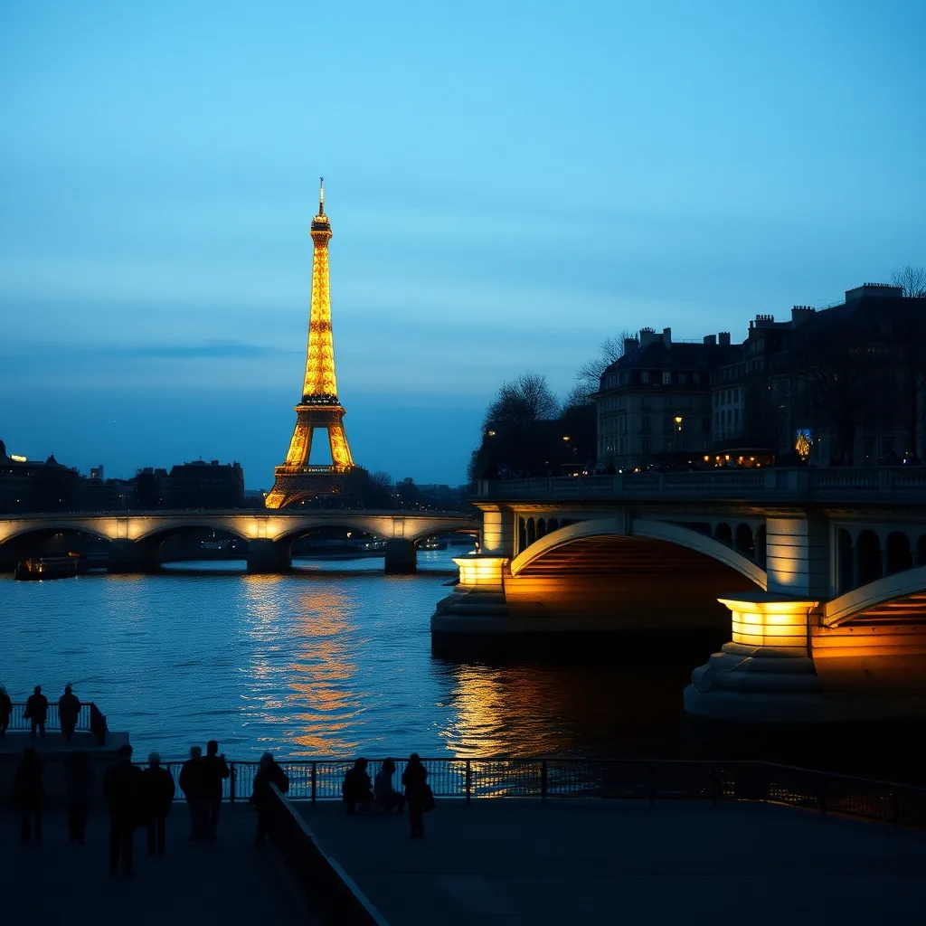 Les quais de Seine illuminés à la tombée de la nuit, entre le pont des Arts et la Tour Eiffel