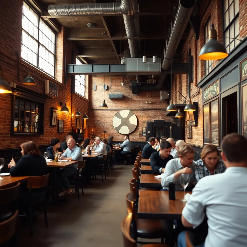 Intérieur d'une brasserie dans une ancienne halle industrielle reconvertie du 92