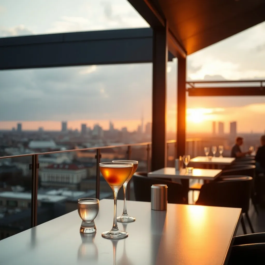 Rooftop avec vue sur La Défense au coucher du soleil