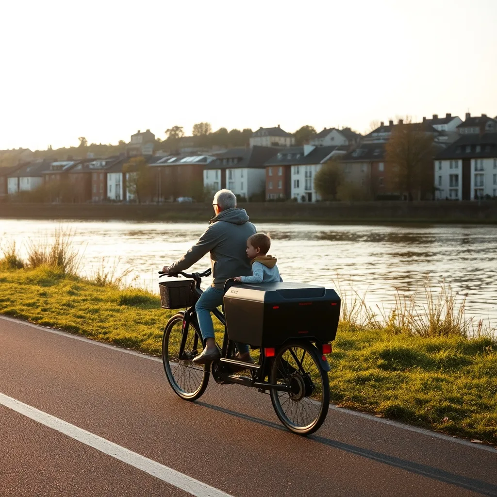 Un vélo cargo électrique en balade familiale le long de la piste cyclable des berges de Seine