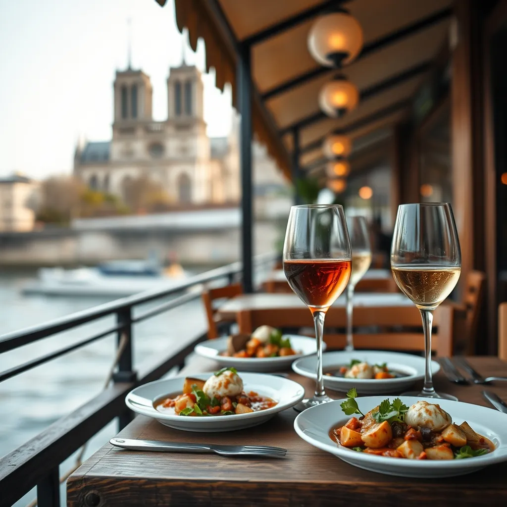 Table dressée sur la péniche du Frou Frou avec Notre-Dame en arrière-plan