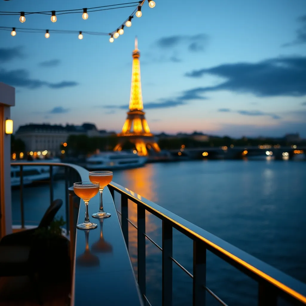 Le rooftop du Flow au crépuscule, face à la Tour Eiffel illuminée