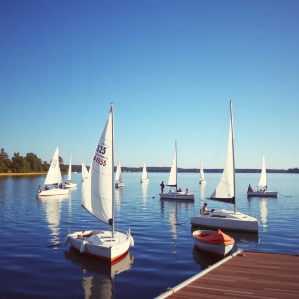 Catamarans et dériveurs au ponton de la base nautique de Saint-Quentin-en-Yvelines