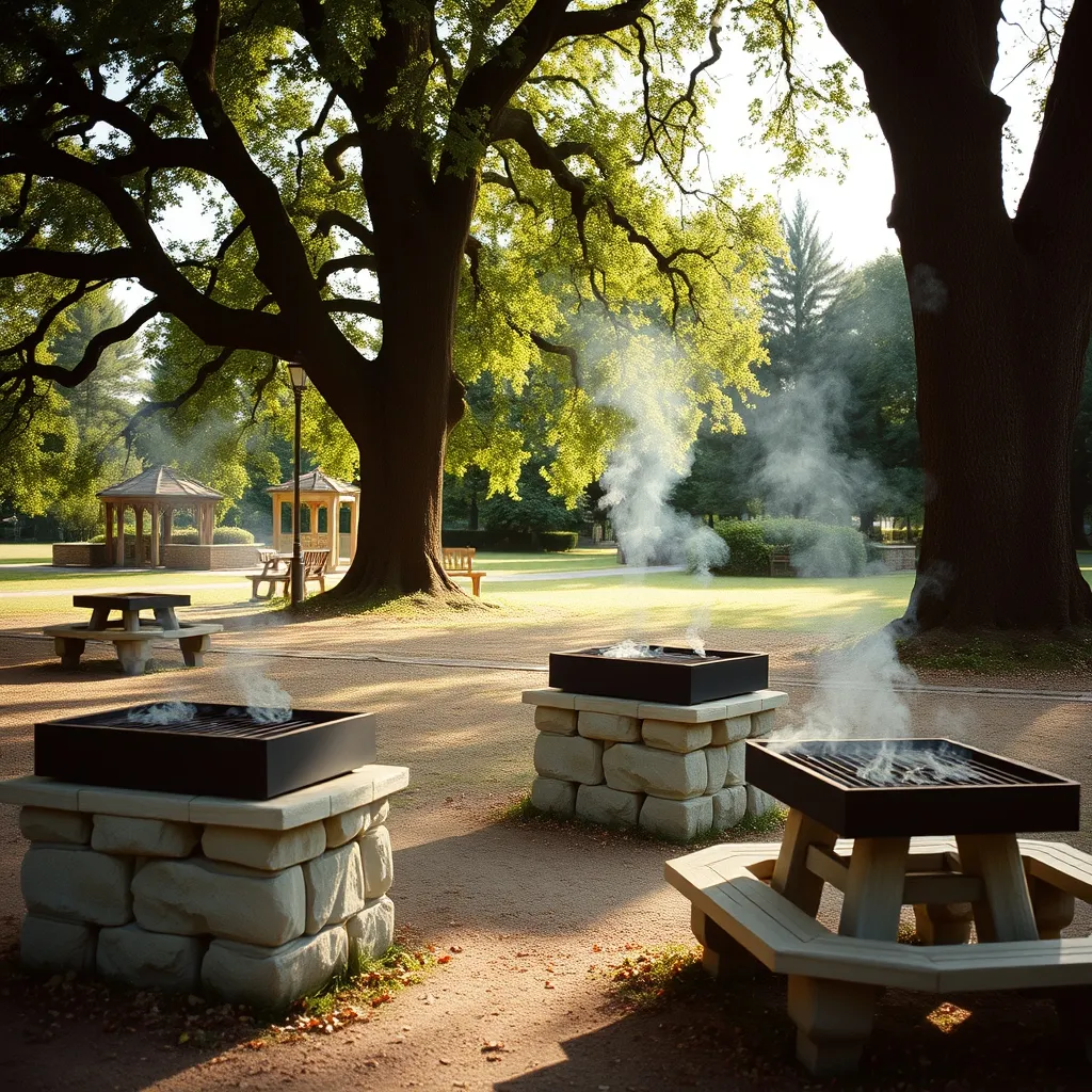 Aire de barbecue aménagée sous les arbres de l'île de loisirs