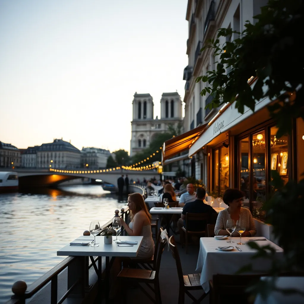 Terrasse d'une péniche-restaurant avec vue sur Notre-Dame de Paris en arrière-plan