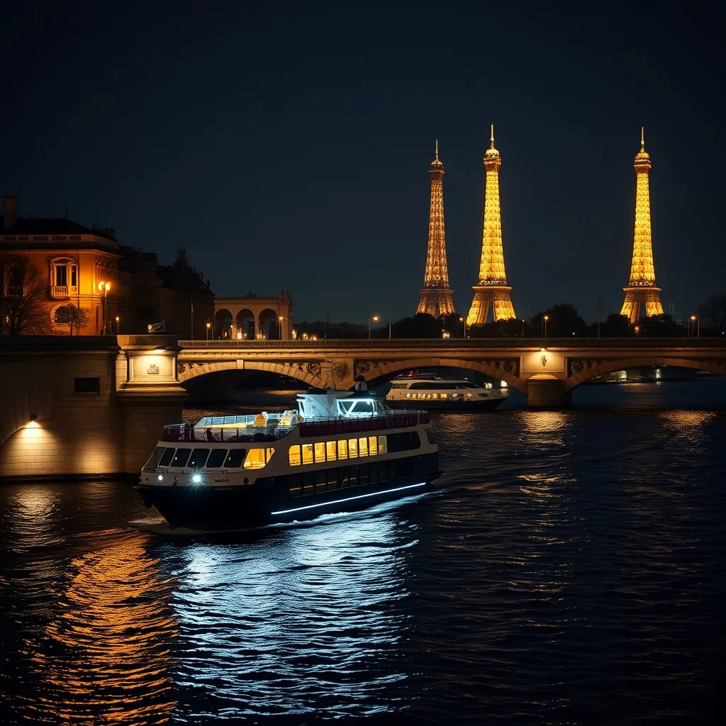Croisière nocturne sur la Seine avec les ponts illuminés et la tour Eiffel scintillante