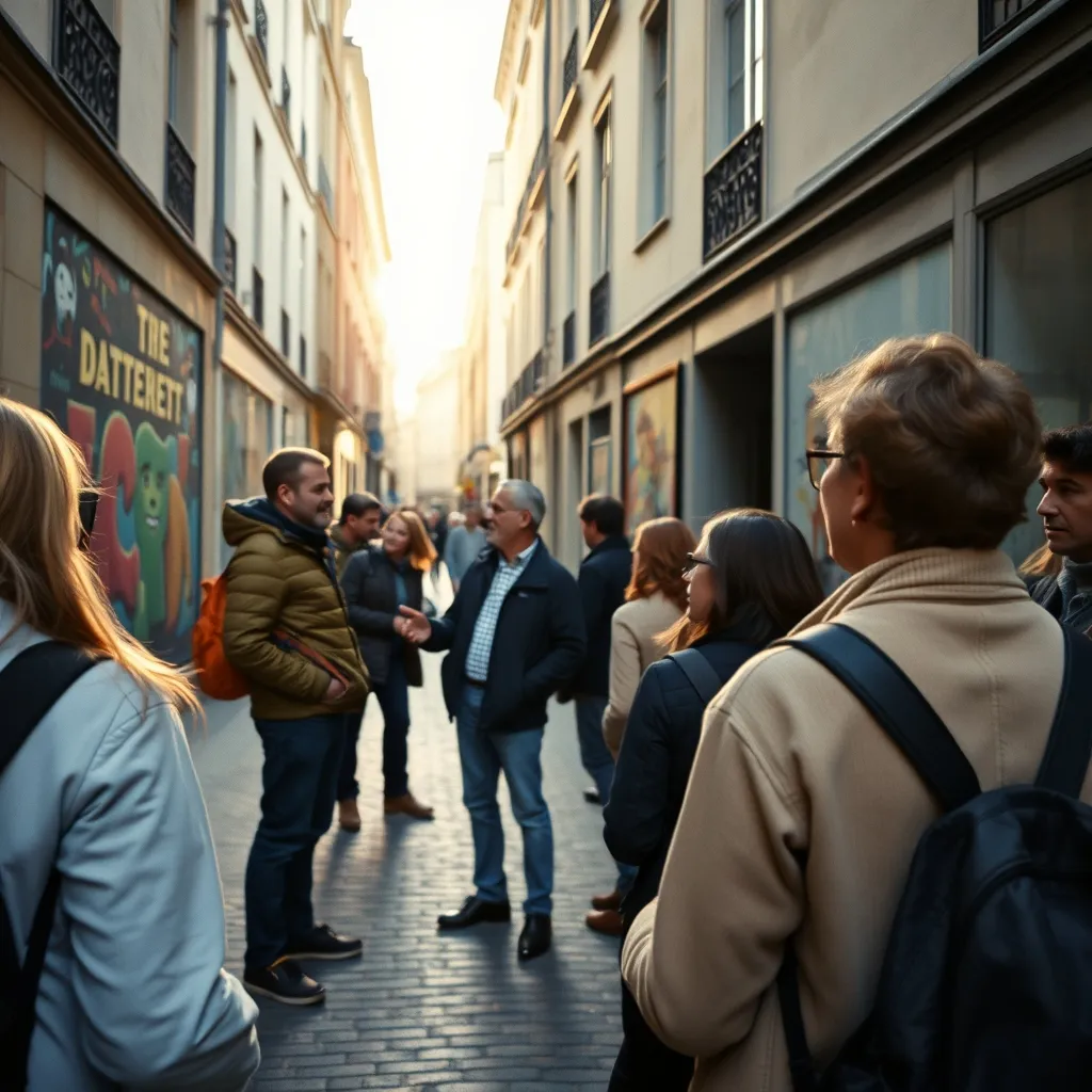 Un guide Fresh Street Art Paris décrypte une œuvre devant un groupe de visiteurs