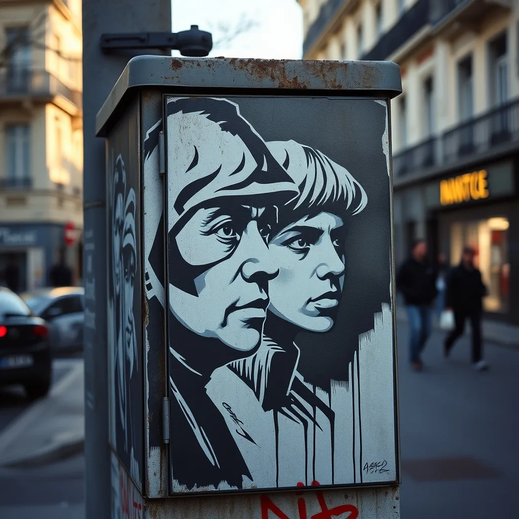 Portrait au pochoir de C215 sur un boîtier électrique parisien