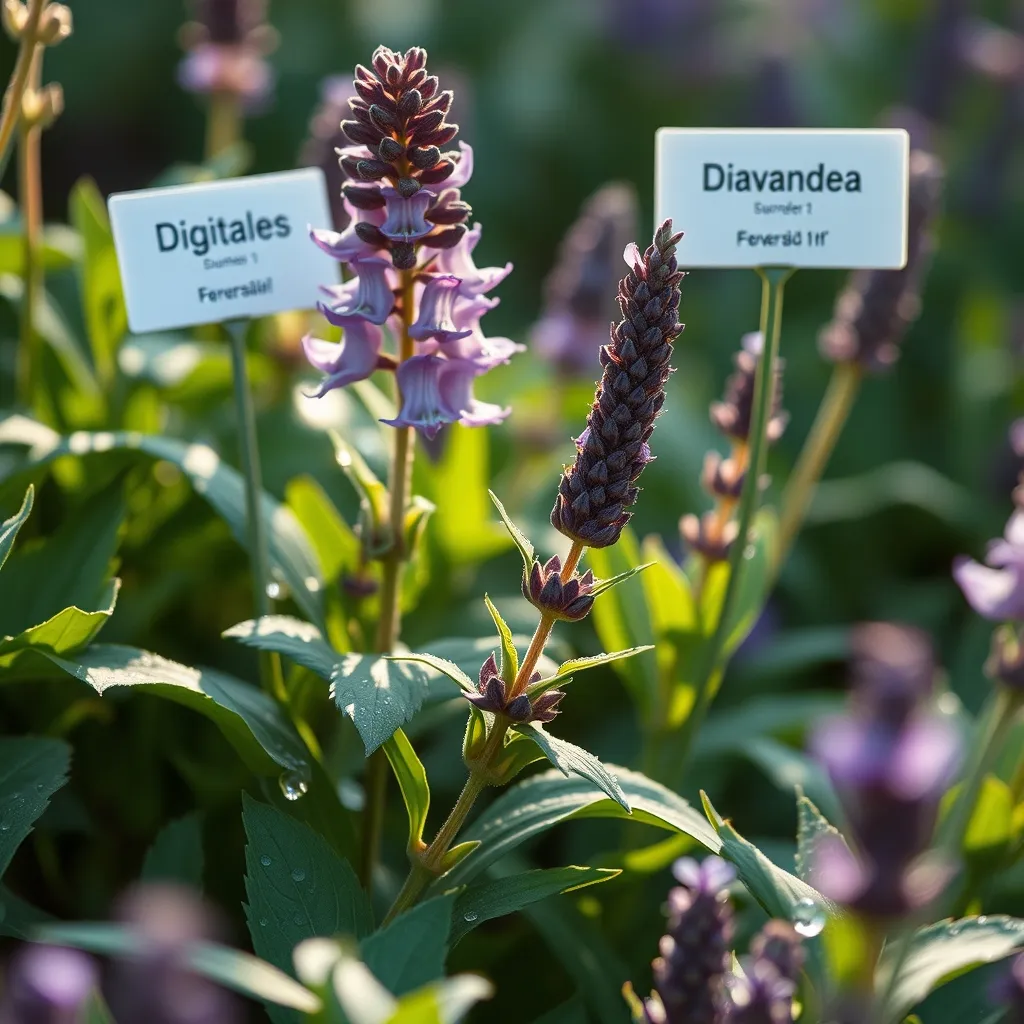 Digitale pourpre et lavande en fleur dans les carrés de plantes médicinales du jardin