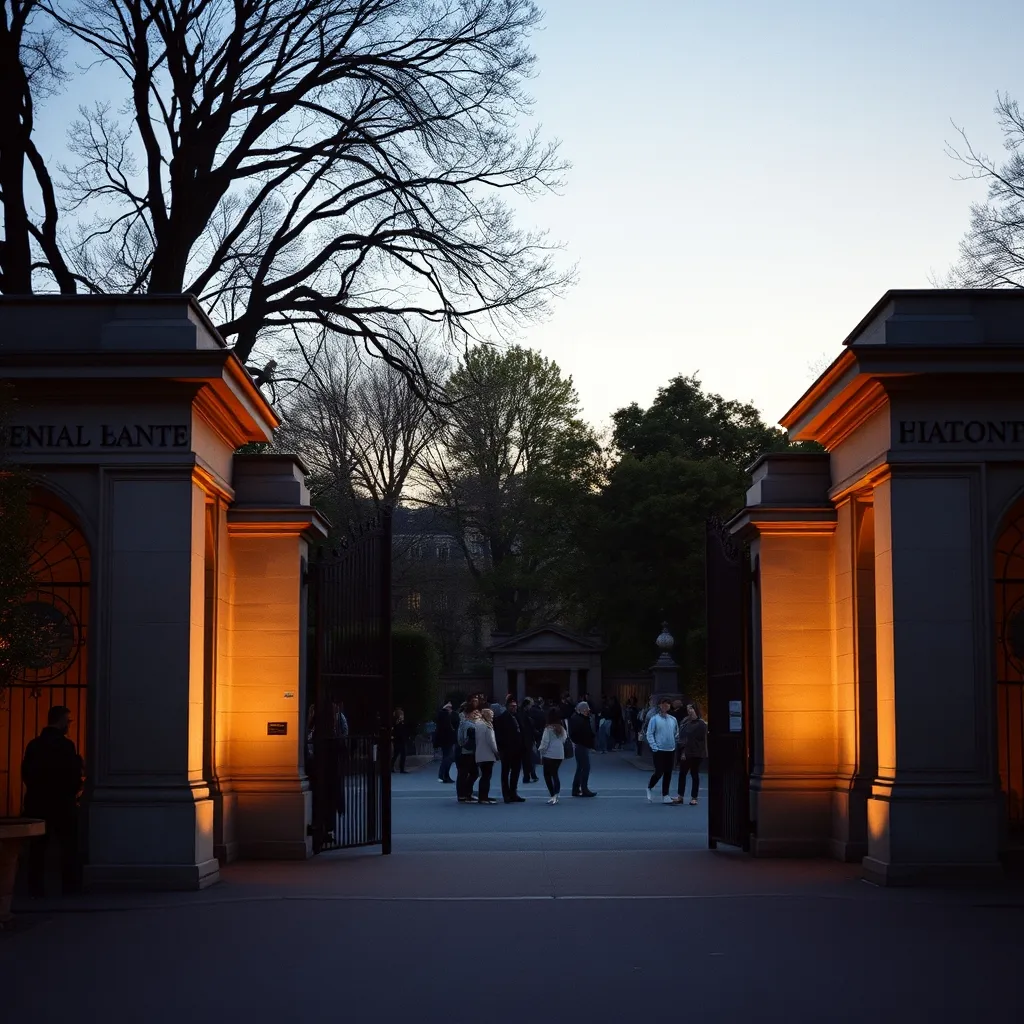 L'entrée du Jardin des Plantes au crépuscule, avant l'ouverture du parcours nocturne