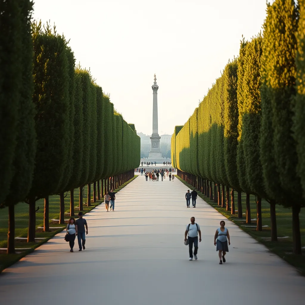 L'allée centrale des Tuileries bordée de tilleuls avec l'obélisque de la Concorde au loin