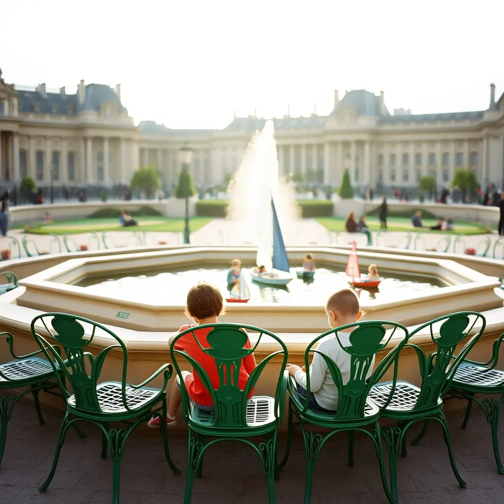 Chaises vertes autour du bassin octogonal où les enfants font naviguer des voiliers en bois