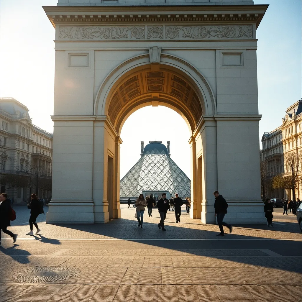 L'arc de triomphe du Carrousel avec la Pyramide du Louvre en perspective