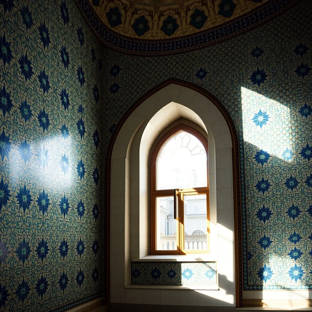 Détail des zelliges polychromes aux motifs géométriques dans les galeries de la Mosquée