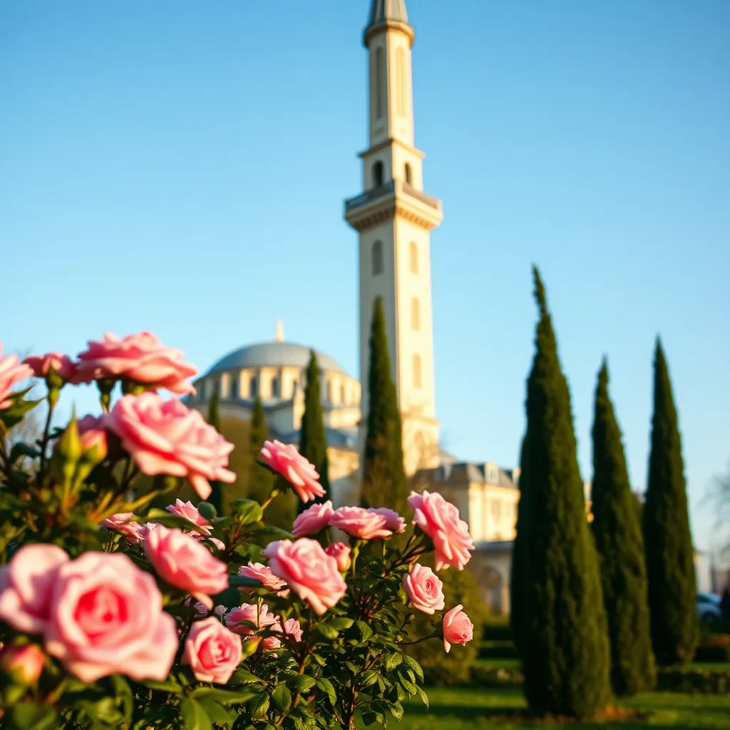 Le minaret de 33 mètres vu depuis les jardins, avec les rosiers au premier plan