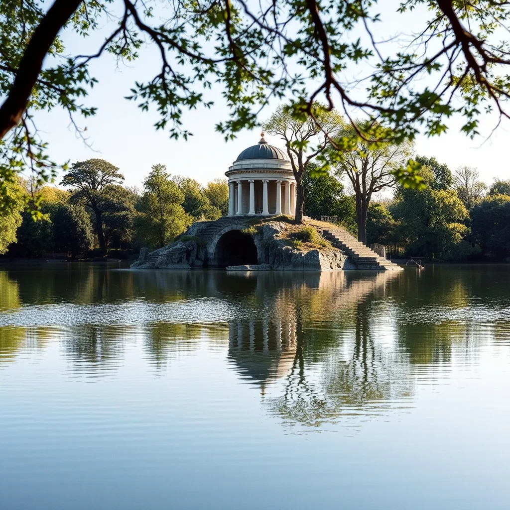 Le temple de la Sibylle au sommet de l'île rocheuse du parc des Buttes-Chaumont
