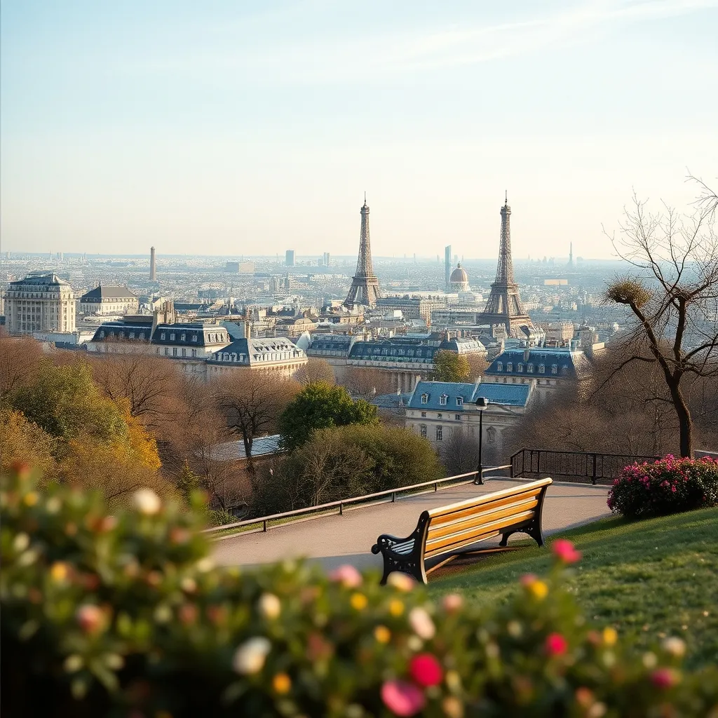 Vue panoramique depuis la terrasse du parc de Belleville avec la tour Eiffel en arrière-plan