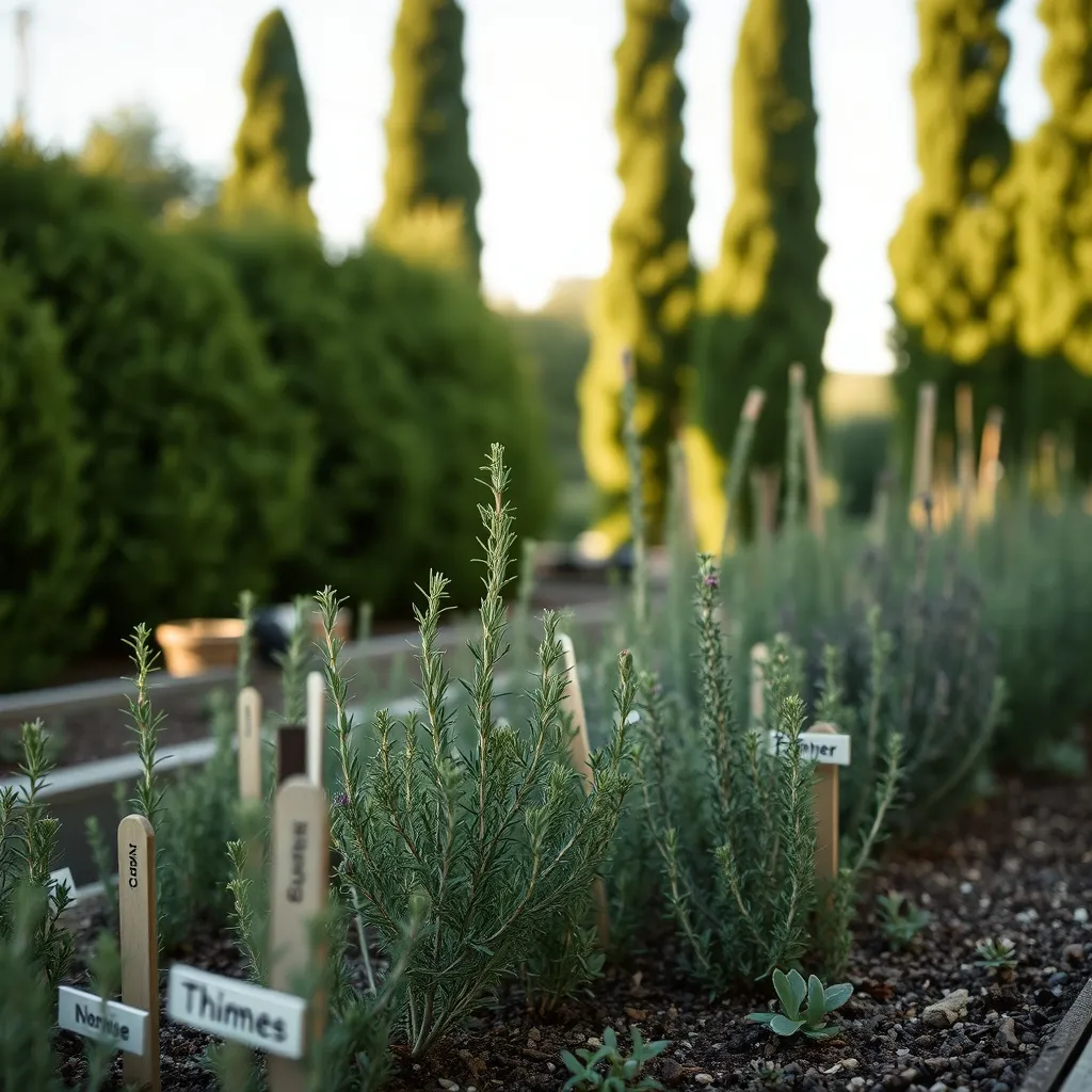 Romarin et thym sauvage dans l'une des parcelles thématiques du jardin Shakespeare