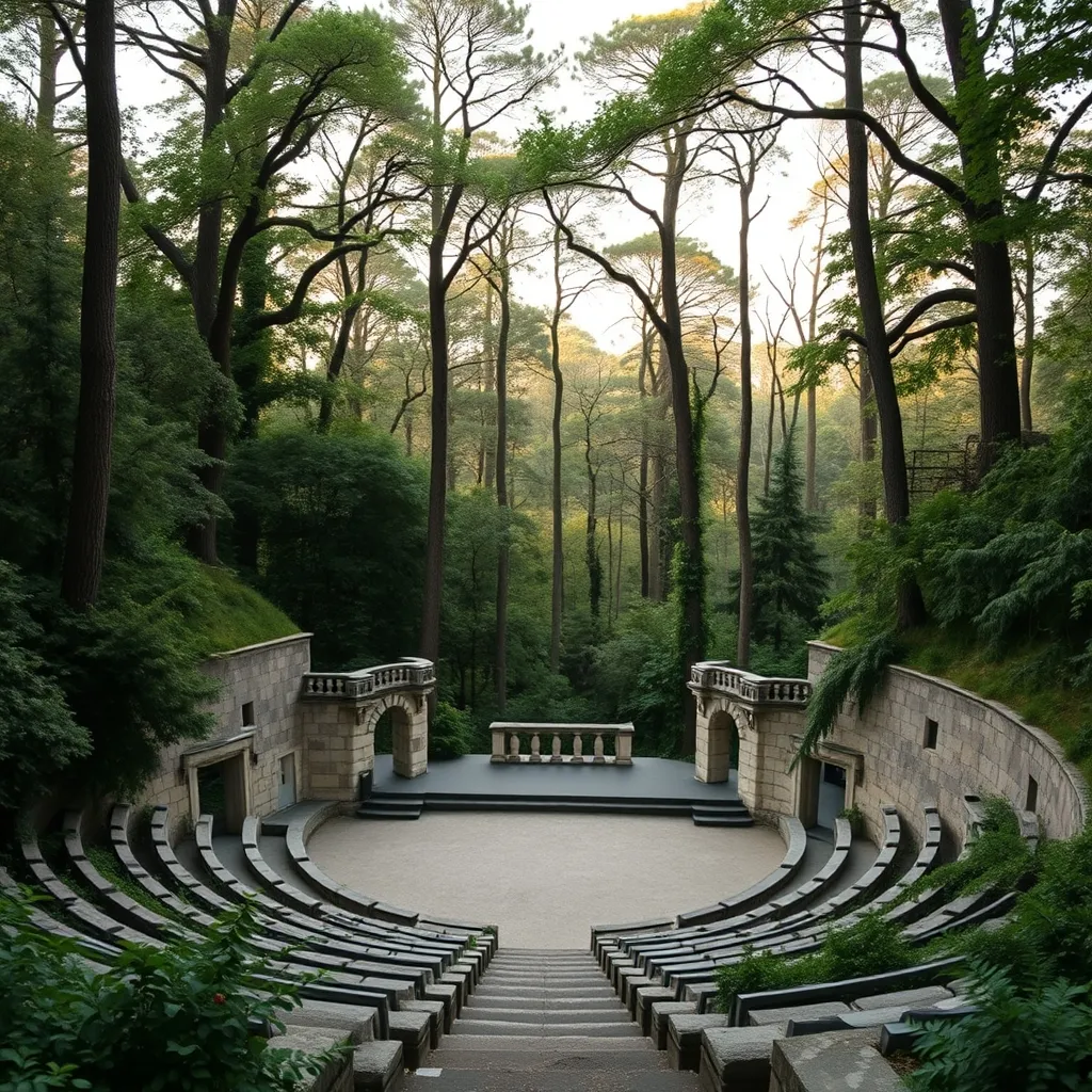 Le Théâtre de Verdure et ses gradins enchâssés dans la végétation du bois de Boulogne